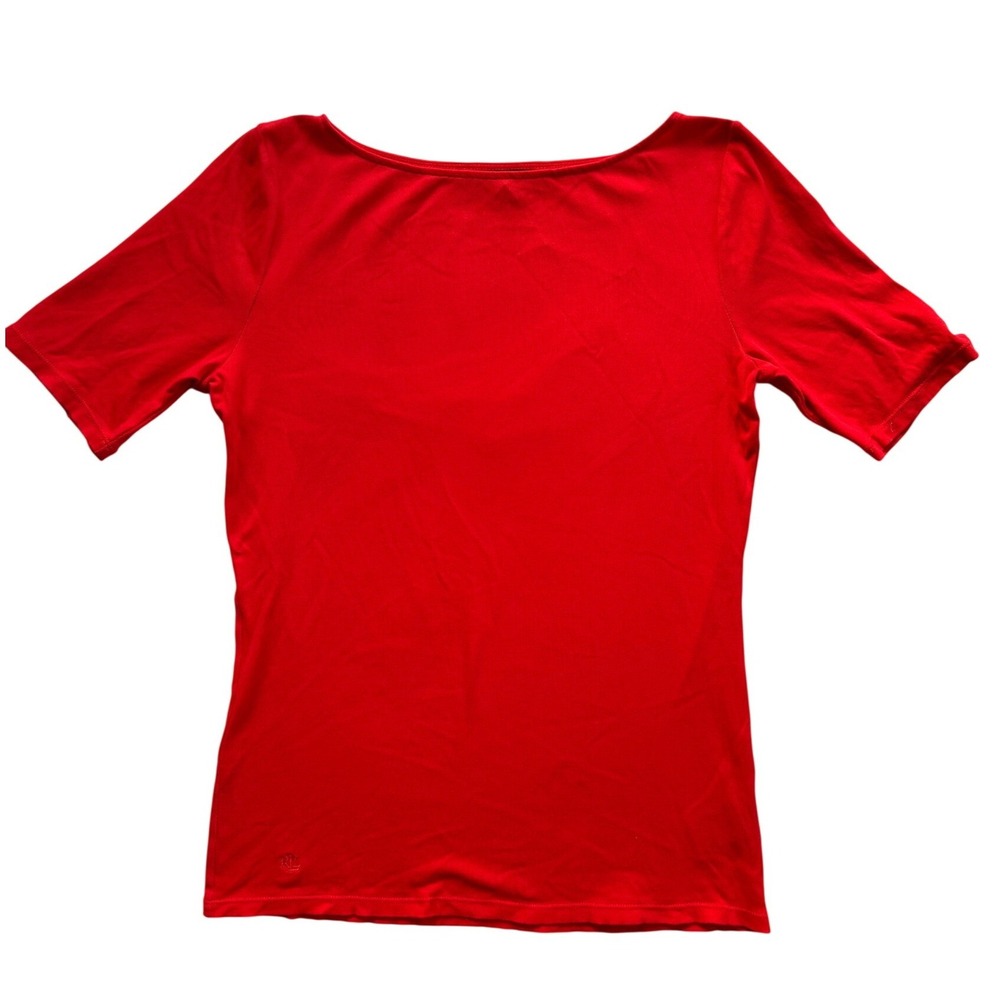 Lauren Ralph Lauren Top Women Medium Red Excellent Boat Neck Cotton Stretch Logo